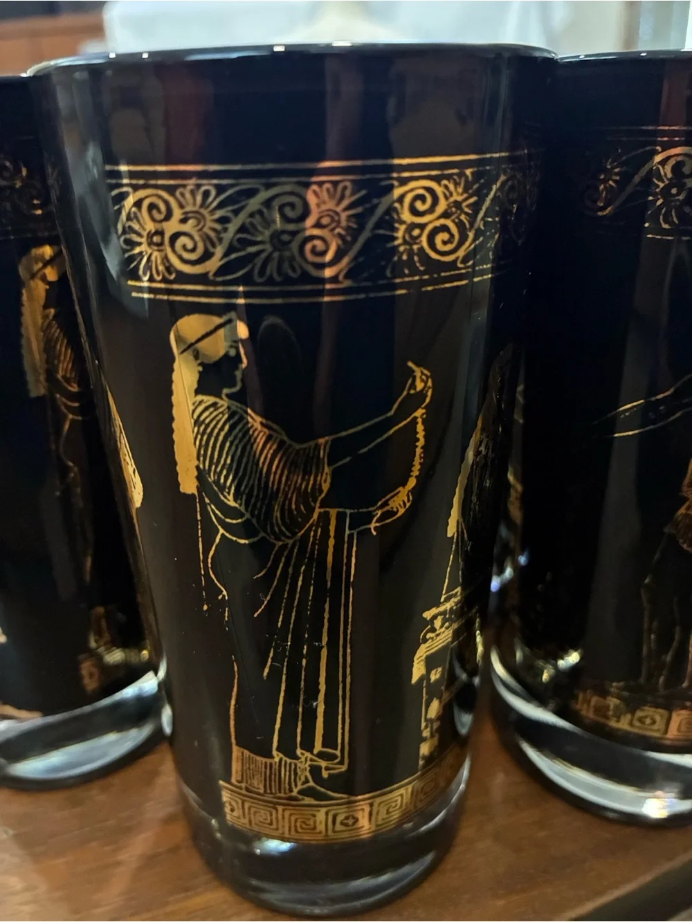 Egyptian Revival High Ball Black Gold Greek Motif Glass Tumblers - Set of 4 FAB!